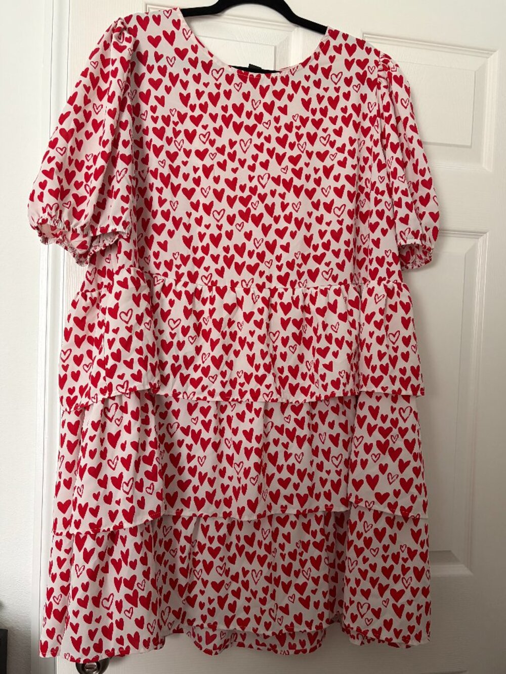 Shein Curve White Puff Sleeve Ruffle Tiered Dress Red Hearts Short